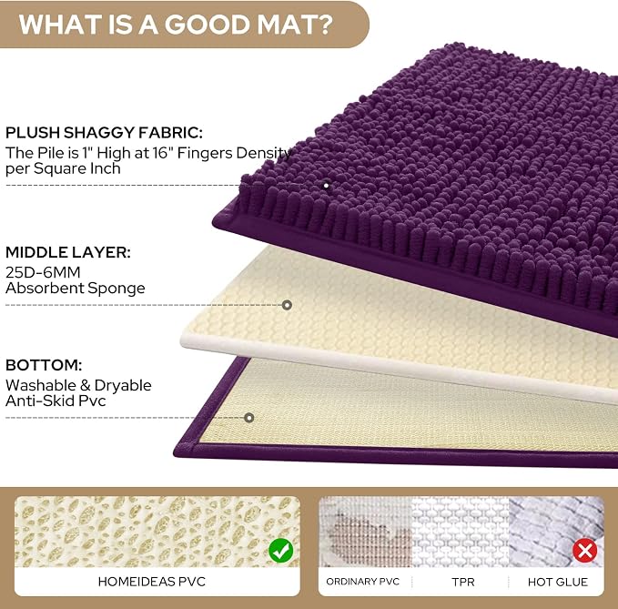 HOMEIDEAS Purple Chenille Bathroom Rugs Set of 3, Non Slip Bath Mat | Super Absorbent, Soft Microfiber, Machine Washable, Stain Resistant, for Bathroom Decor