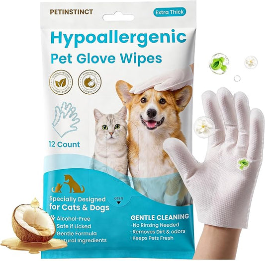 Pet Wipes for Ear Paws Butt, Pro Deodorizing Grooming Gloves | 12 PCs, Coconut Scent, Extra Thick Dog and Cat Wipes for Body Cleaning, Double Moisture, Hypoallergenic
