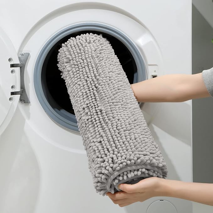 HOMEIDEAS Light Grey Chenille Bathroom Rugs Set of 3, Non Slip Bath Mat | Super Absorbent, Soft Microfiber, Machine Washable, Stain Resistant, for Bathroom Decor