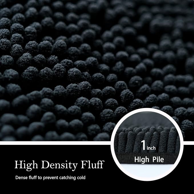 Bathroom Rugs Chenille Bath mat 3 Piece Set, Super Absorbent, Strong PVC Non Slip Backing, Bath mats for Bathroom, Plush Shaggy, Thick, Machine Washable, Bathtub, Shower, Toilet, Black