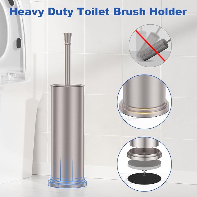 304 Stainless Steel Heavy Duty Toilet Bowl Brush，Removable Inner Bowl and Splash Protection，Bathroom Toilet Brush-Dense Bristles for Through Cleaning