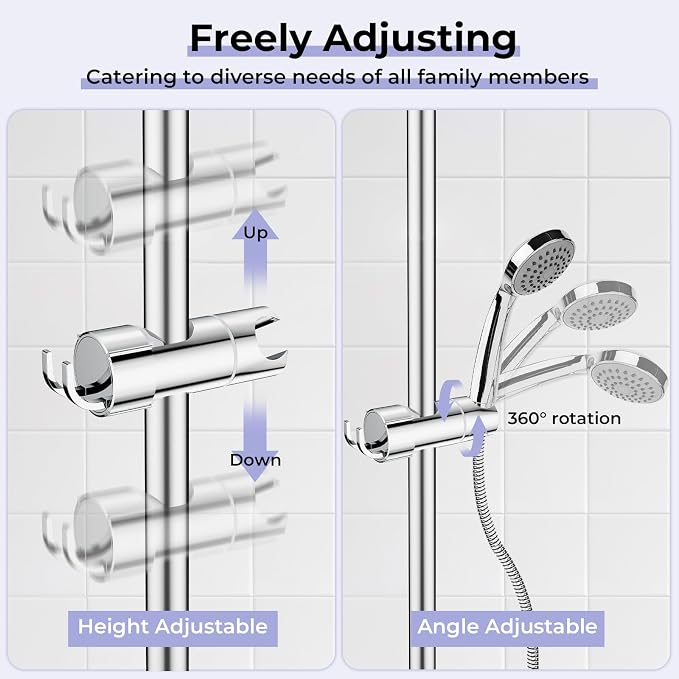 Adjustable Shower Head Holder with 2 Hooks, Universal Shower Holder Bracket for 16-27mm Slide Rod, Chrome Plated Shower Slider Rail Clamp Shower Holder Replacement, Easy Installation