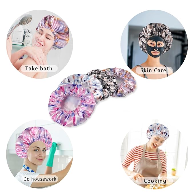 Shower Caps for Women, 4 PCS Reusable Waterproof Bath Cap | Double Layer, Washable, Wide Elastic Band, Holds Long Hair, Caps for Bath Accessories, Spa, Travel Home - Flower C