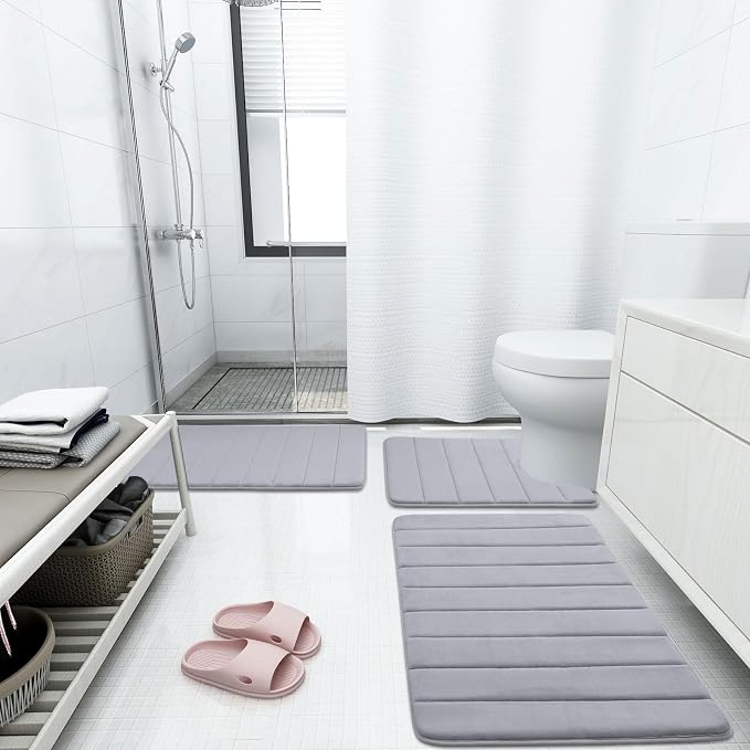 Buganda Memory Foam Bath Mat 59 x 20, Ultra Soft Absorbent Bathroom Rugs | Medium Grey, Machine Washable Quick Dry Bath Mats for Bathroom Floor, Shower and Tub, Home Decor Accessories