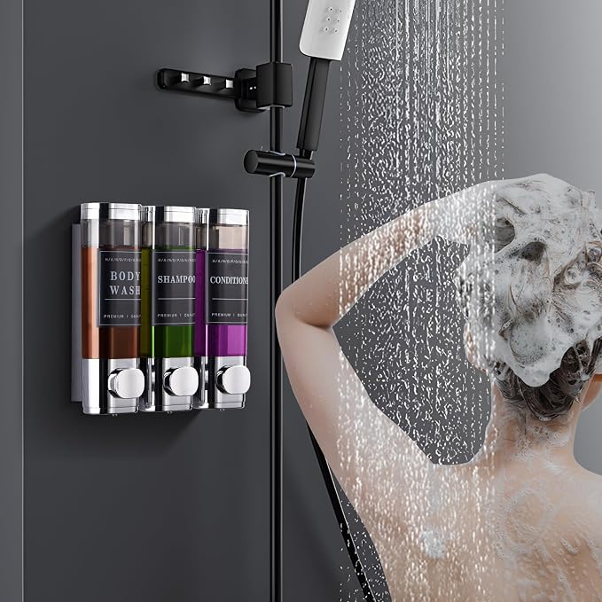 Shower Soap Dispenser Wall Mounted No Drill Shampoo Dispenser for Shower Wall Shampoo and Conditioner Dispenser Bathroom Hotel 3 * 300ml Chrome Self