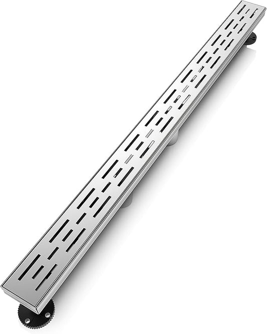 WEBANG 36 Inch Linear Shower Drain Rectangular Floor Drain with Accessories Rainline Pattern Cover Grate Removable SUS304 Stainless Steel CUPC Certified Brushed