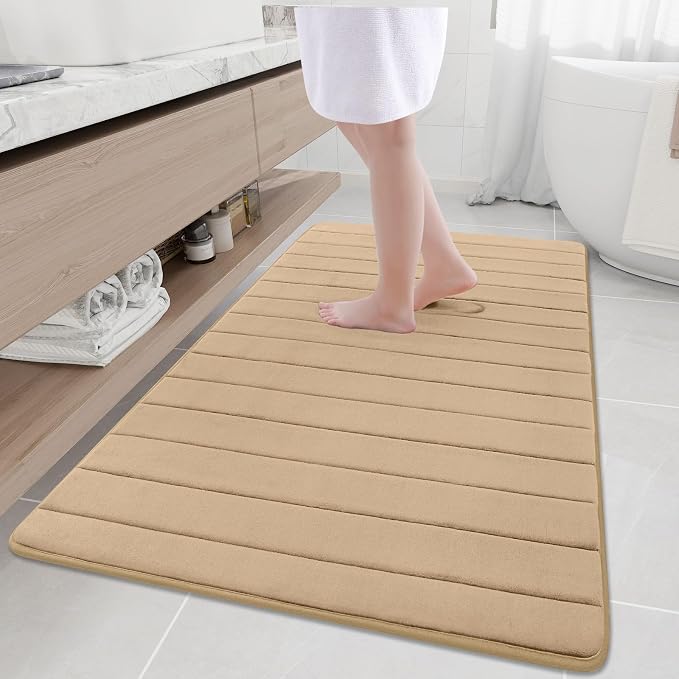 Buganda Memory Foam Bath Mat 59 x 34, Ultra Soft Absorbent Bathroom Rugs | Camel, Machine Washable Quick Dry Bath Mats for Bathroom Floor, Shower and Tub, Home Decor Accessories