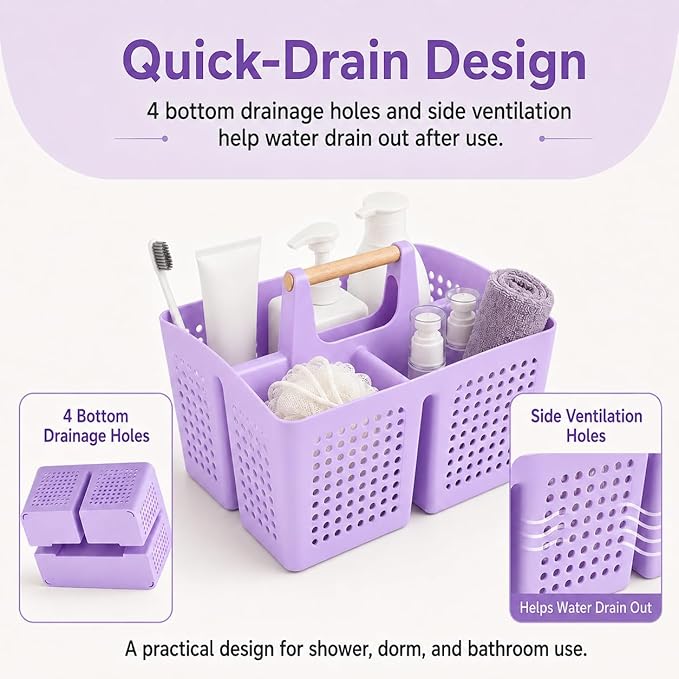 Portable Shower Caddy Basket with Wood Handle, 3-Compartment Bathroom Organizer Tote with Drain Holes, Plastic Shower Basket for Dorm, Toiletries, Cleaning Supplies, Purple