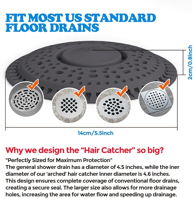 Shower Drain Hair Catcher Silicone Flat Floor Strainer Protector | 2 Pack Black Weighted Flat Shower Drain Protectors, Traps Hair Before Clogs, Easy to Clean in Seconds, Fits Flat Floor Drains
