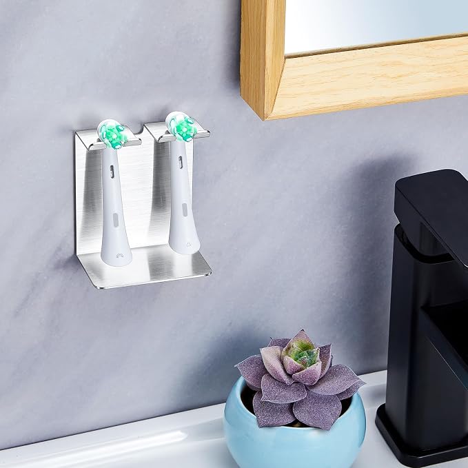 Electric Toothbrush Head Holder, Tooth Brushing Holder, Wall Mounted Toothbrush Holders Shower Bathroom, Self Adhesive or Desktop Tooth Brush Holder Organiser (Silver, Small)
