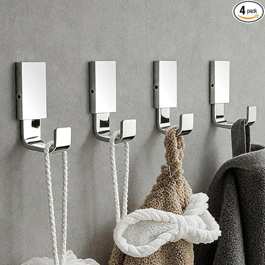 BESy Brass Clothes Hook Single Towel Hook for Bathroom Kitchen Garage Square Style Robe Hooks Coat and Hat Hook, Wall Mounted with Screws, Four Packs, Polished Chrome