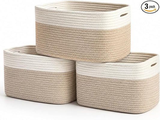 Light Honey Cotton Rope Baskets for Shelves, Set of 3 - 15"×10"×9½" - Woven Storage Baskets for Organizing - Closet, Nursery, Bedroom, Playroom - Toys, Books, Towels, Clothes