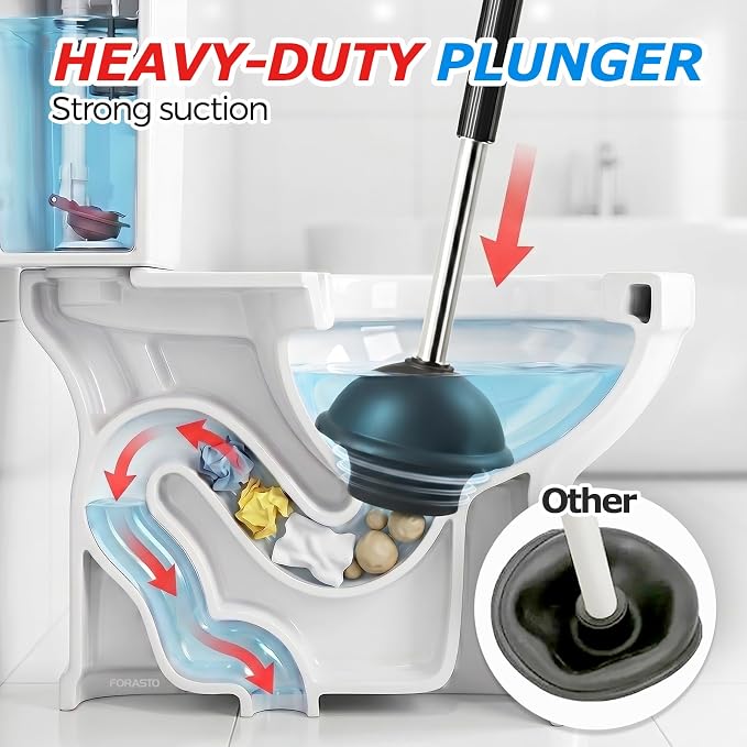 FORASTO 3in1 Stainless Steel Toilet Plunger and Brush Set - Bathroom Tools | 21" Extended, Gap Brush Combo, Restroom Decor Accessories, Apartment Must Haves, Home Essentials for New Home