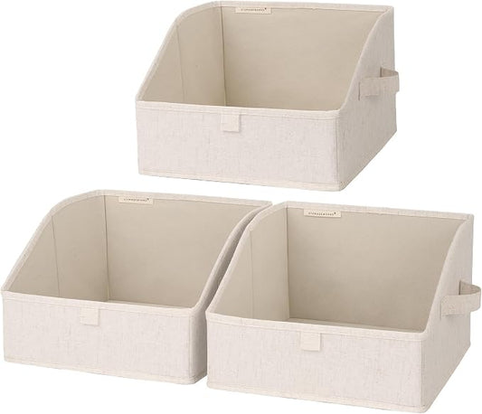 StorageWorks Closet Storage Bins, Trapezoid Organizer Box for Shelves, Fabric Clothes Bin, Foldable Organizing Baskets with Handles, Small, Beige(Cotton-linen), 3-Pack