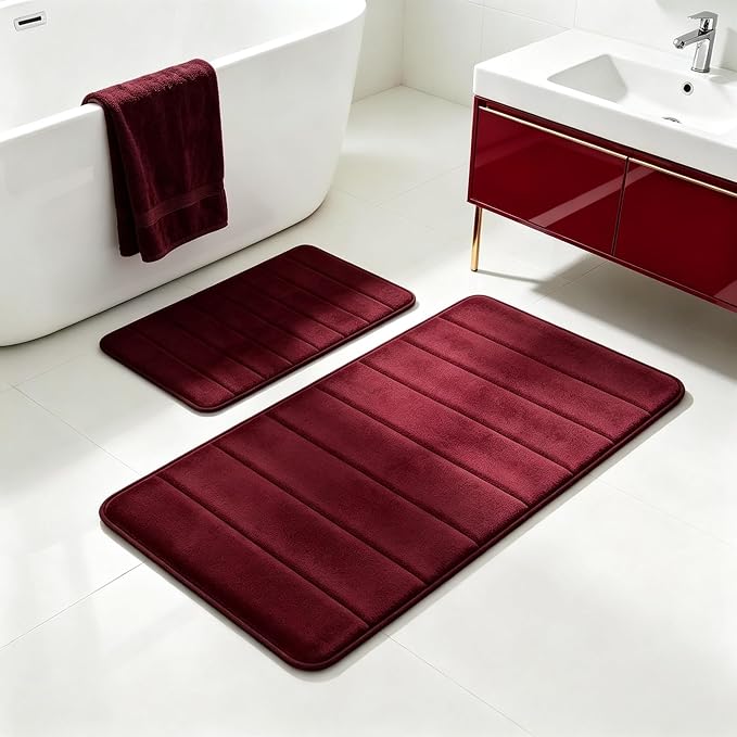 BurgundyBathroom Rugs Set 2 Piece Memory Foam Bath Rugs Non-Slip Bath Mat,Washable Room Mats,Absorbent Shaggy Rugs Super Soft Kitchen Mats, Carpets for Bathroom,Tub,Shower Home Decor