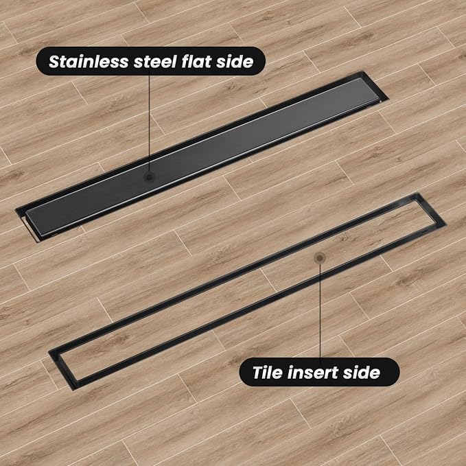 EXF Linear Shower Drain 24 Inch Brushed Shiny Black with Tileable Grate, Stainless Steel Rectangle Shower Floor Drain with Hair Catcher, Adjustable Feet