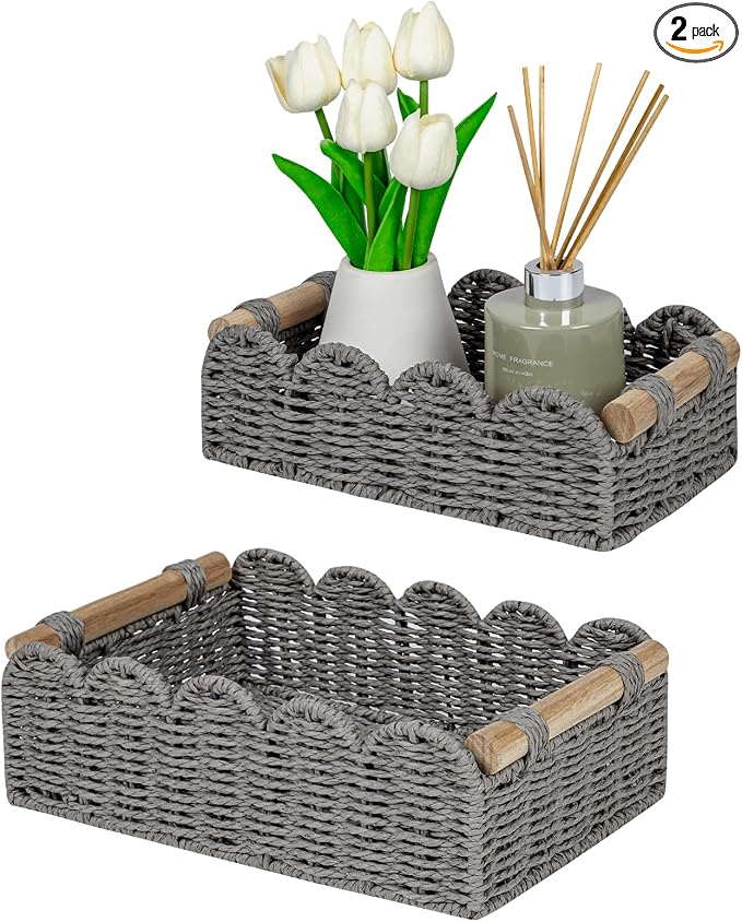 CubesLand Scalloped Edge Decor Baskets for Home, Living Room, Toilet Paper Storage Basket for Over Toilet Tank Top, Storage Shelf, Cute Small Paper Rope Baskets Both Storage&Decor, Set 2 Grey