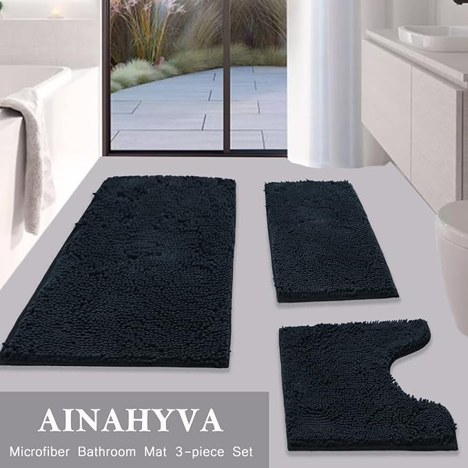 Bathroom Rugs Chenille Bath mat 3 Piece Set, Super Absorbent, Strong PVC Non Slip Backing, Bath mats for Bathroom, Plush Shaggy, Thick, Machine Washable, Bathtub, Shower, Toilet, Black
