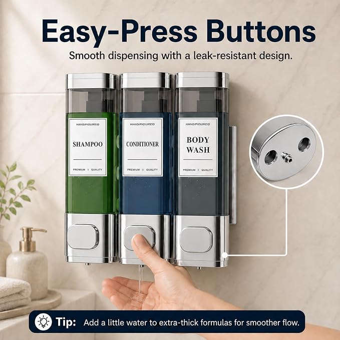Shampoo and Conditioner Dispenser – Wall-Mounted Shower Soap Dispenser, No-Drill Installation, Lockable, 900 ml Capacity,for Bathroom & Hotel or Airbnb (Electroplated Silver, 3-Pack)