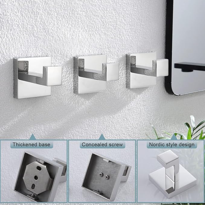 KOKOSIRI Bathoom Towel Hook Wall Mount Square Bath Robe Hook Coat Hook Kitchen Garage Heavy Duty SUS 304 Stainless Steel 3 Pack Polished Chrome B1010CH-P3