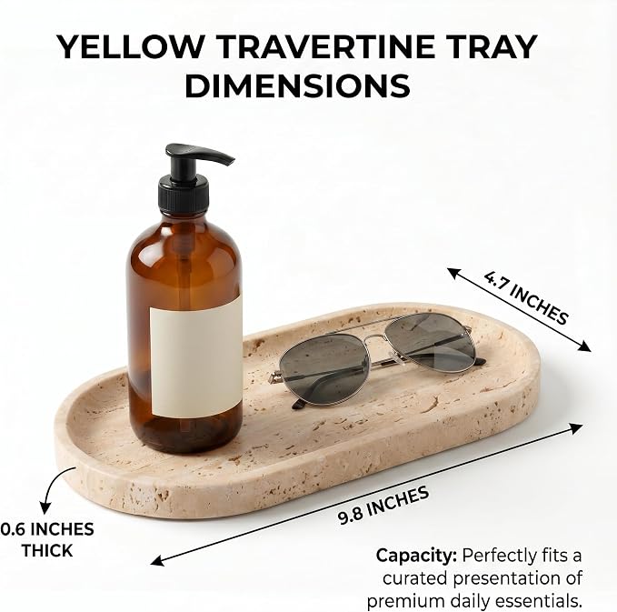 YKAJO Yellow Travertine Oval Marble Tray, 9.8x4.7 Vanity Perfume Organizer | Honed natural stone; jewelry & trinket dish, ring & key holder, soap & candle catchall; bath counter, dresser, coffee table