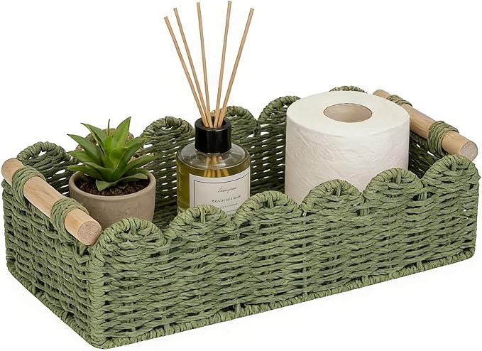 Upgraded Paper Rope Scalloped Edge Toilet Paper Storage Basket, Small Living Room, Bedroom Decor Baskets for Over Toilet Storage Shelf, End Table, Shelves and More, with 2 Wooden Handle (Green)