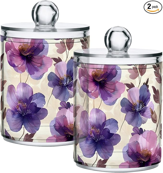ALAZA 4 Pack Qtip Holder Dispenser Purple Tulip Flower Beige Cotton Ball Cotton Swab Round Pads Floss Clear Bathroom Storage Containers Plastic Apothecary Jars with Lids
