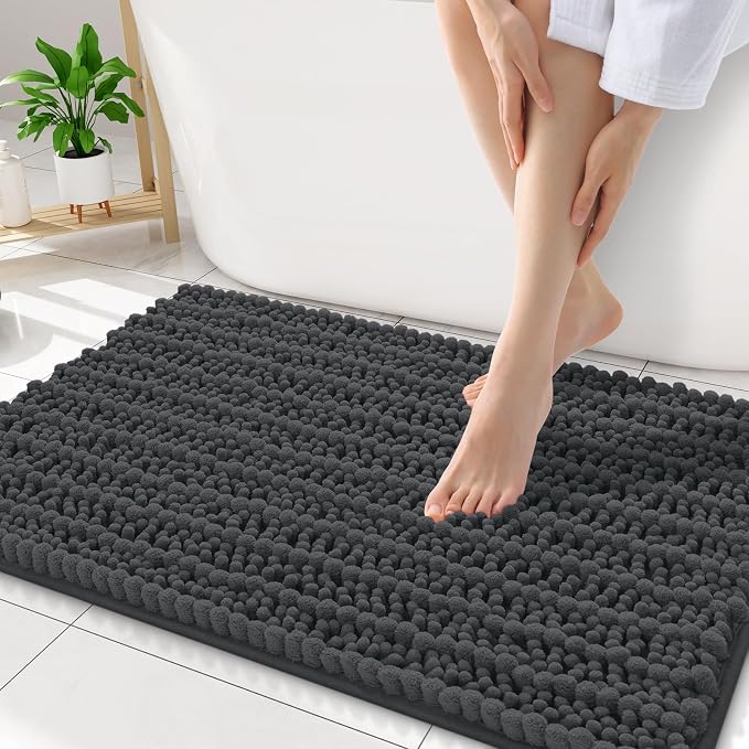 Smiry Bathroom Rugs 32X20, Extra Soft Rubber Backing Chenille Bath Mats | Dark Grey Machine Washable Non Slip Quick Dry Bath Mats for Bathroom Floor, Tub, Shower, Home Decor Accessories