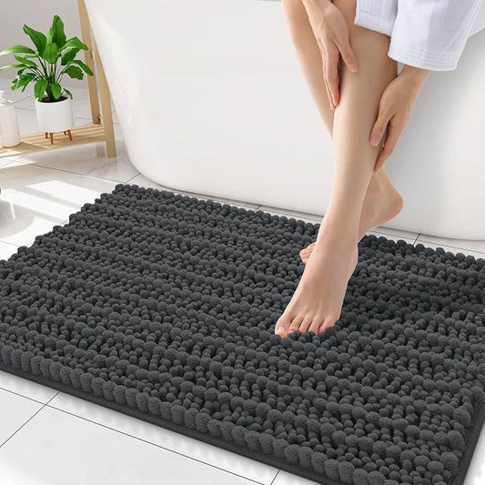 Smiry Bathroom Rugs 32X20, Extra Soft Rubber Backing Chenille Bath Mats | Dark Grey Machine Washable Non Slip Quick Dry Bath Mats for Bathroom Floor, Tub, Shower, Home Decor Accessories
