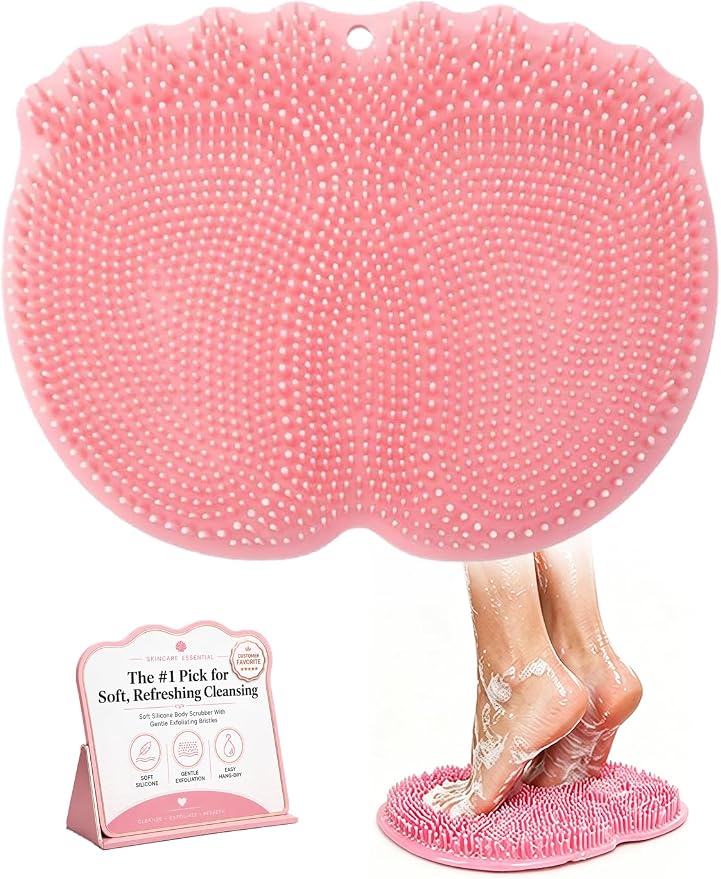 Foot Scrubber in Shower Mat Back Easy for Clean Feet Hands Free Washing Washer Silicone Wall Mounted Brush Accessories for Inside with Non- Slip Suction Cups Bathroom Pad (Pink)