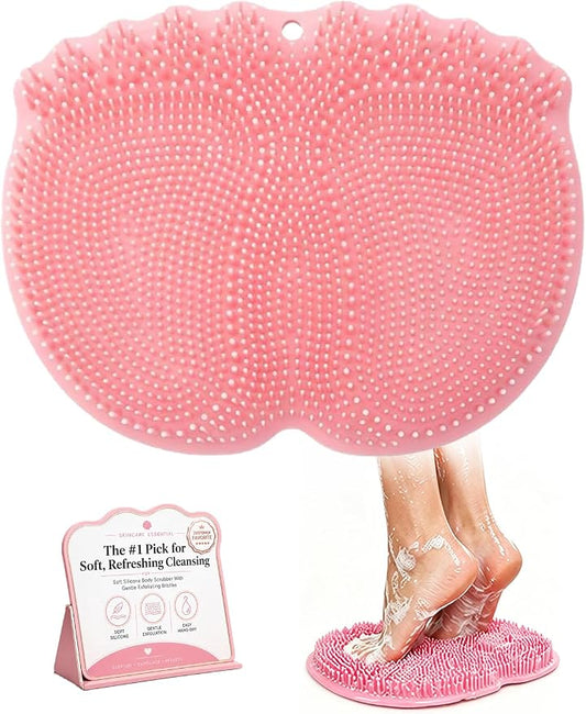Foot Scrubber in Shower Mat Back Easy for Clean Feet Hands Free Washing Washer Silicone Wall Mounted Brush Accessories for Inside with Non- Slip Suction Cups Bathroom Pad (Pink)