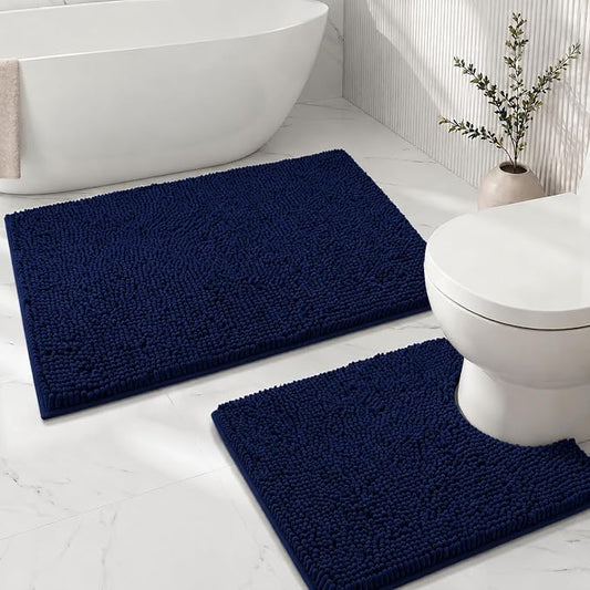 Bathroom Rugs Sets 2 Piece,Super Absorbent Soft,Thick,Machine Washable Chenille Bath Mat,Non Slip Toilet Floor Rug,Bath Mats for Bathroom,20x32 Plus 20x20 U Shape,Navy Blue