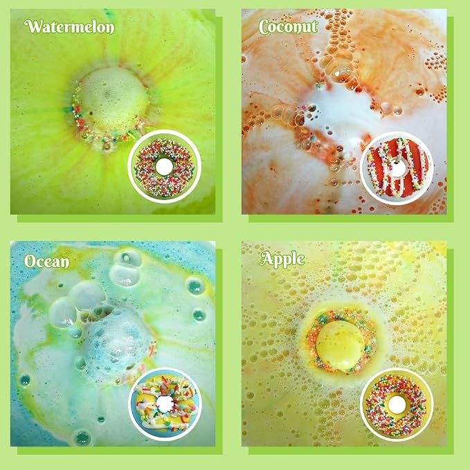 KAV Donut Bath Bombs Gift Set – 4 Piece Handmade Organic Bath Bomb Kit with Essential Oils – Relaxation Spa Gift for Women, Men, Teens, Kids – Self Care & Aromatherapy Soak (Fresh)
