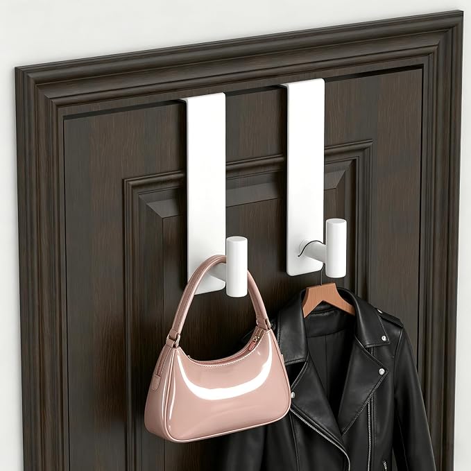 HUFEEOH 2-Pack Over The Door Hooks, Stainless Steel Door Hanger for Towels & Coats, Bathroom Towel Rack Coat Rack, Tool-Free Hooks for Hanging (White, Fits 1-3/4" Thick Door -T Shape 2 Pack)