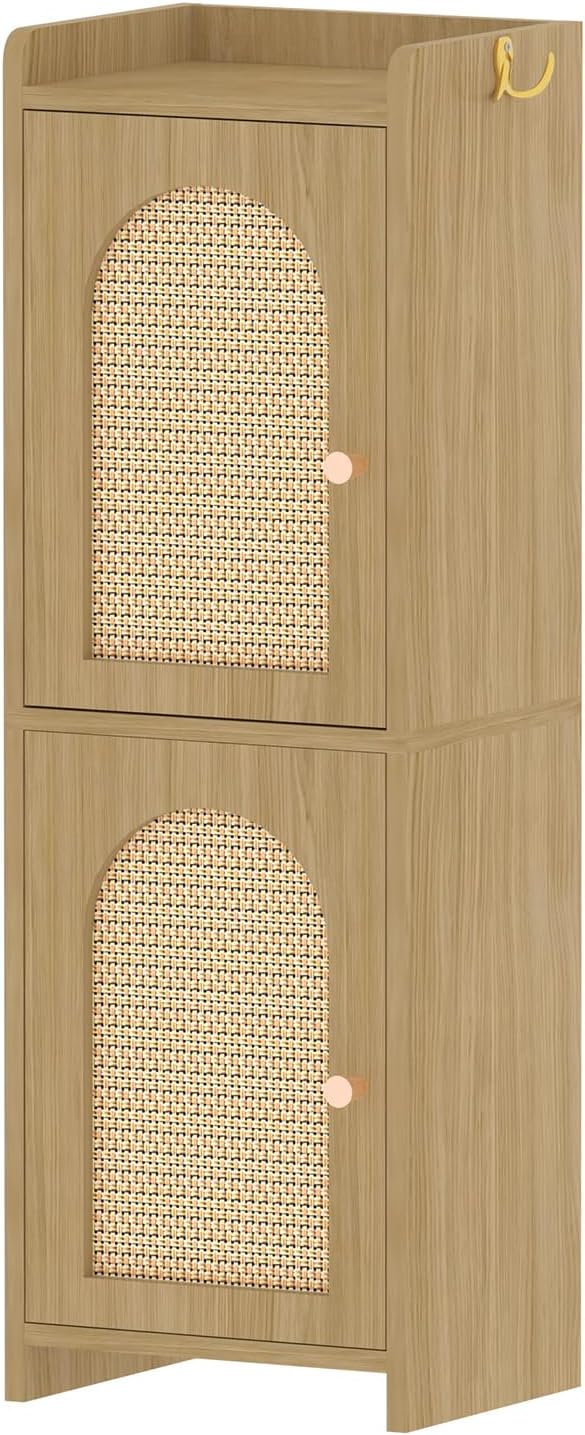 Arbuxzuy Rattan Bathroom Storage Cabinet,Corner Floor Cabinet with 2 Doors and Adjustable Shelf, Narrow Toilet Paper Cabinets with 2Hooks,Toilet Organizer for Small Spaces,7.87"D*9.84"W*29.72"H Oak