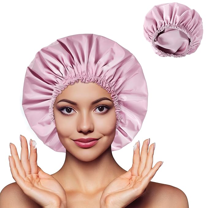 Shower Cap for Women, Large Waterproof Shower Bonnet | Double Layer, Reusable Hair Protector, Washable Large Bath Cap, Wide Elastic Band, for Long Hair, Braids - Purple