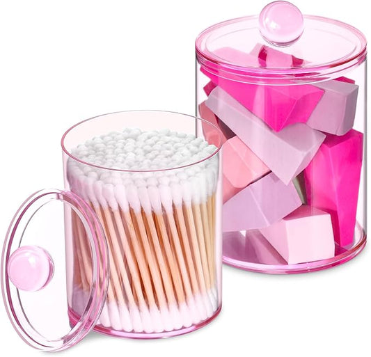 2 Pcs Acrylic Qtip Holder, Cotton Ball Holder Jars with Lids, Pink | Apothecary Jars for Cotton Swabs, Balls, Pads and Floss Picks, Bathroom Vanity Organizer