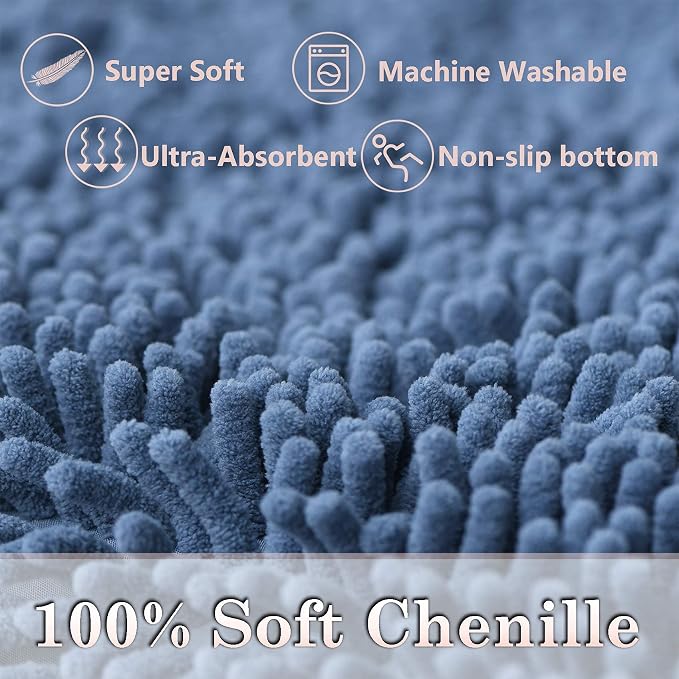 RUN HELIX Bathroom Rug Set 2 Pieces Non-Slip, Chenille Toilet Rugs, Absorbent Plush Shaggy Bath Mat Set for Bathroom, Bedroom, Kitchen, Deep Blue, 20"x32" & 16"x24"