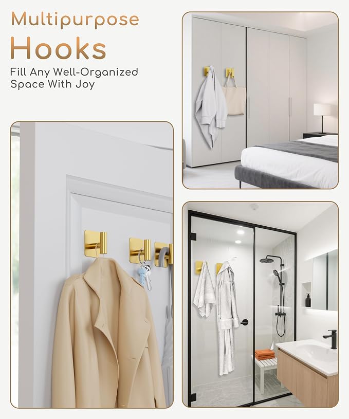 Aikzik 4 Pack Large Heavy Duty Wall Hooks - 26lb Max, Stainless Steel Adhesive Towel Hook, Shower Hooks for Hanging Towel, Coat, Robe, Wall Hook for Use in Bathroom, Kitchen and Door, Gold
