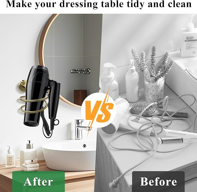 Hair Dryer Holder Wall Mounted, 304 Stainless Steel Hair Tool Organizer with Copper Base, Spiral Blow Dryer Rack for Bathroom-Brushed Gold