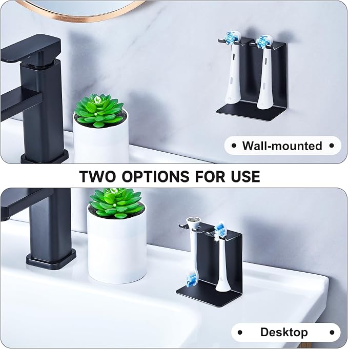 Electric Toothbrush Head Holder, Oukimly Toothbrush Holder Wall Mounted or Desktop, Metal Tooth Brush Holder, Shower Brush Head Holder, Electric Toothbrush Holder for Bathroom (Black, Small)