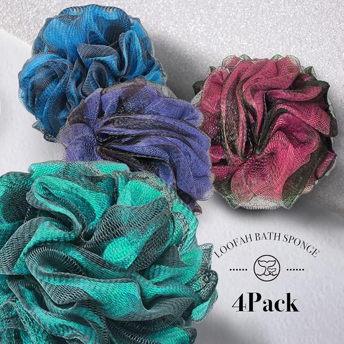 Loofah Sponge Bath Sponge for Women Men 4 Pack (Purple Blue Red Green) | 10X Suds Save Body Wash Double Knotted Anti Tear Core Fast Dry Cotton Loop Stay Fresh Large Mesh for Sensitive Skin