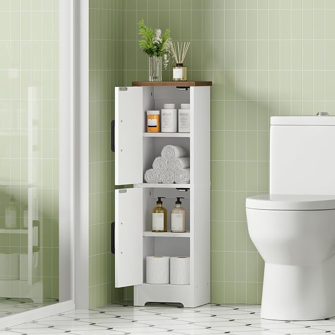 HOOBRO Small Bathroom Storage Cabinet, Farmhouse Corner Floor Storage Cabinet with 2 Doors and Adjustable Shelves, Toilet Paper Cabinet for Small Spaces, 8.3" D x 8.3" W x 30.7" H, White and Walnut