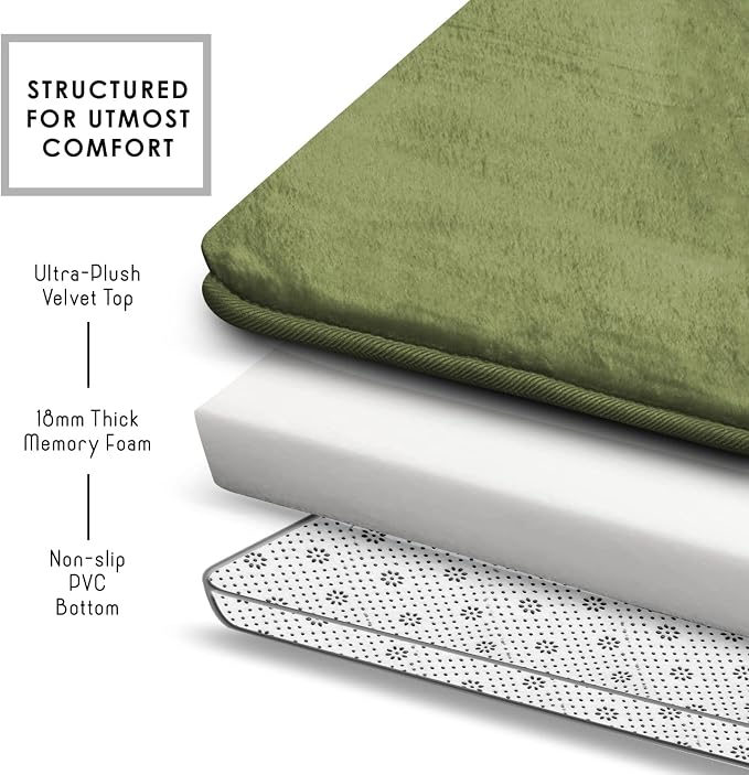 Clara Clark Bathroom Rugs, Velvet Memory Foam Bath Mat, Non-Slip, Machine Washable Bath Rugs - Dries Quickly, Ultra Soft Plush Bath Mats for Bathroom, 17 x 24, Sage Green