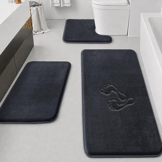 Bathroom Rugs Sets 3 Piece, Non-Slip & Quick Dry Bath Mat Set, Ultra Soft Velvet Bath Rugs for Bathroom, Toilet and Shower Floor, Dark Grey