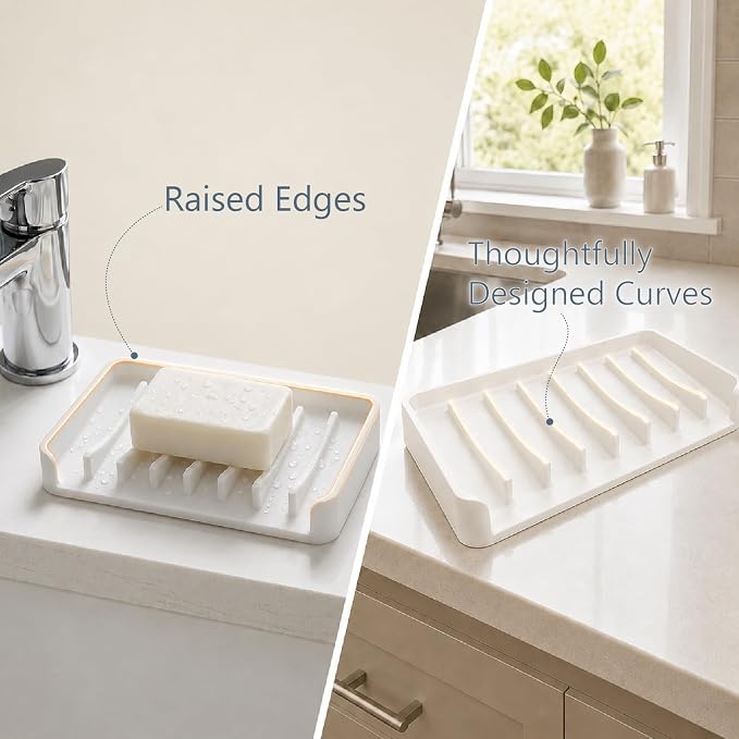 Bathway Silicone Soap Dishes for Shower, Self-Draining Bar Soap Holder Non-Slip Sink Organizer Tray for Sink, Bathroom & Kitchen, Keeps Bar Soap Dry& Dishwasher Safe, White & White(2 Pack)