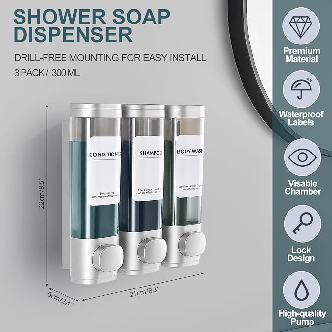 3 Pack Shampoo and Conditioner Dispenser, Shower Soap Dispenser 3 Chamber No Drill Wall-Mounted, Body Wash and Shower Dispenser Set for Shower Wall, Elegant Large Capacity for Bathroom Hotel, Silver