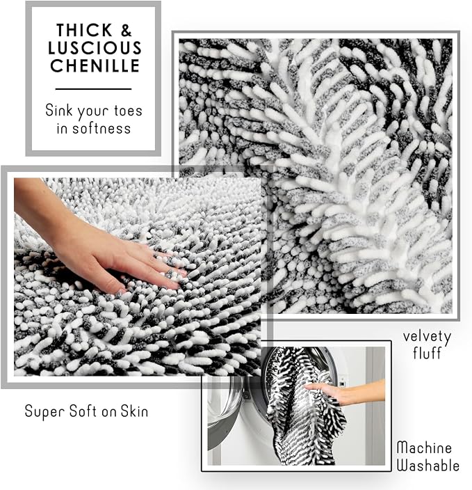 Hearth & Harbor Bathroom Rugs, Chenille Bath Mat - Machine Washable Bath Mats for Bathroom Non-Slip Backing Rubber, Quick Dry Bathroom Mat, 26 x 44 - Ombre Black