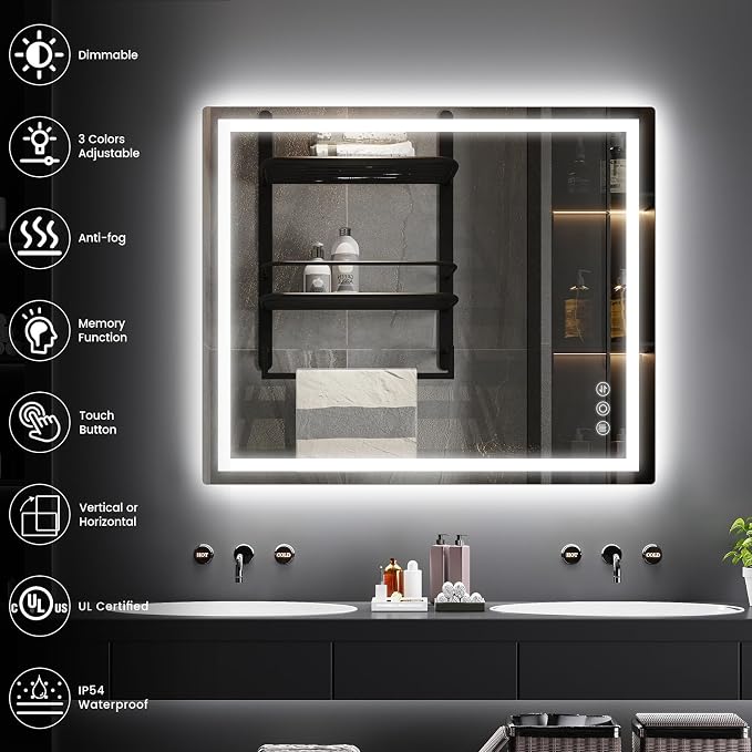 Memobarco 30" x 36" LED Bathroom Mirror with Lights, Memory Vanity Mirror | Anti-Fog, 3 Color Modes, Dimmable, Front Lit, Memory Function, Tempered Glass, Lighted Bathroom Mirror for Wall