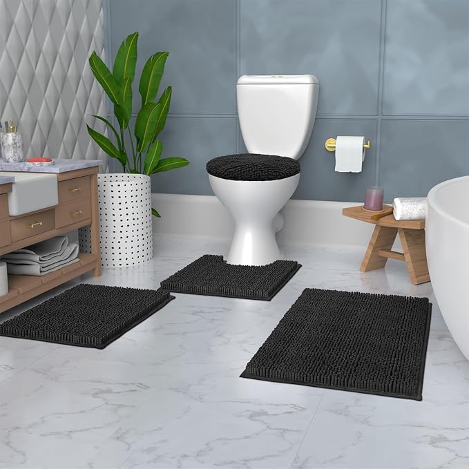 LuxUrux 4-Piece Bathroom Rug Set - Soft Chenille Mats, Non-Slip Toilet Mat & Lid Cover for Comfort & Style (20x20 U, 16x24, 20x30 & 19x19 inches, Black)
